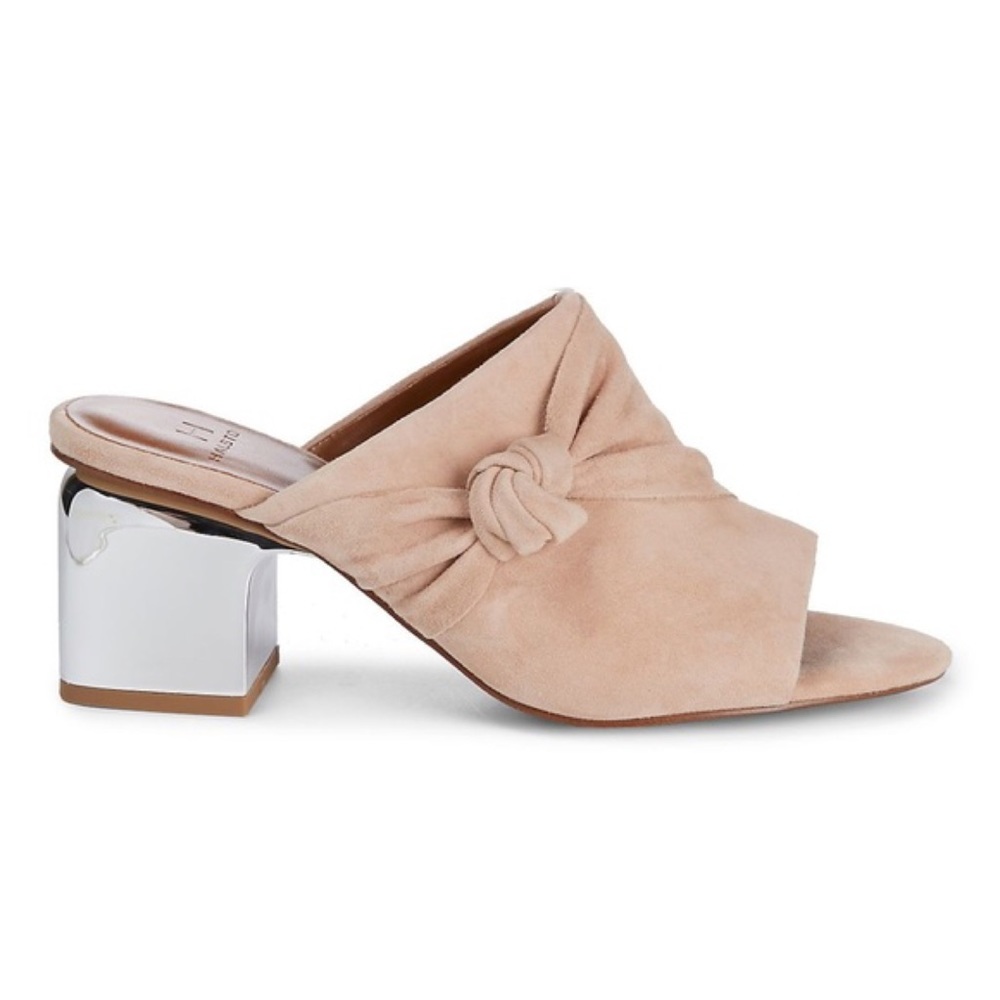 H HALSTON Nude Suede Mirrored Block Heel Slides